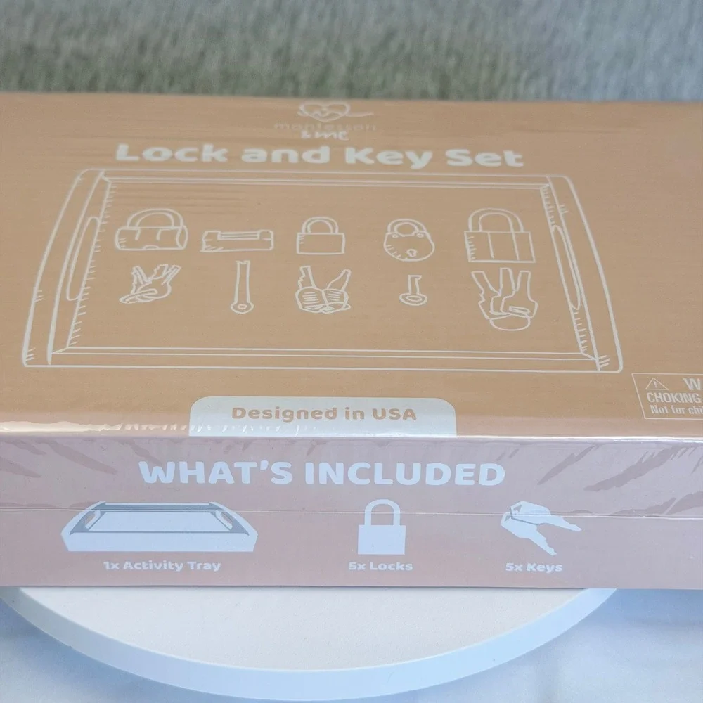 Montessori & Me Lock and Key Set Wooden Activity Tray 5 Locks & Keys New Sealed